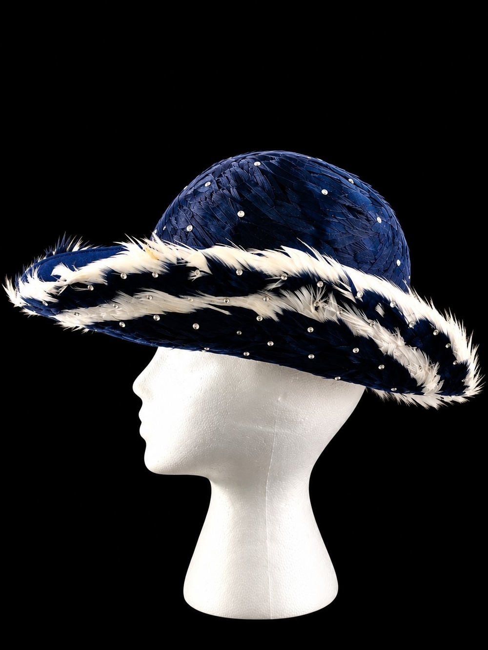 Vintage GEORGE ZAMAU’L Couture NY Midnight Blue Feather Rhinestone Wide Brim Hat